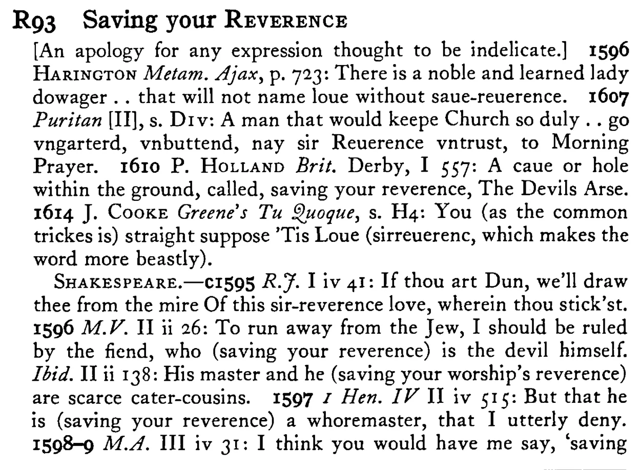 Saving your REVERENCE - a scanned entry from Tilley's 1950 Dictionary of Proverbs.
