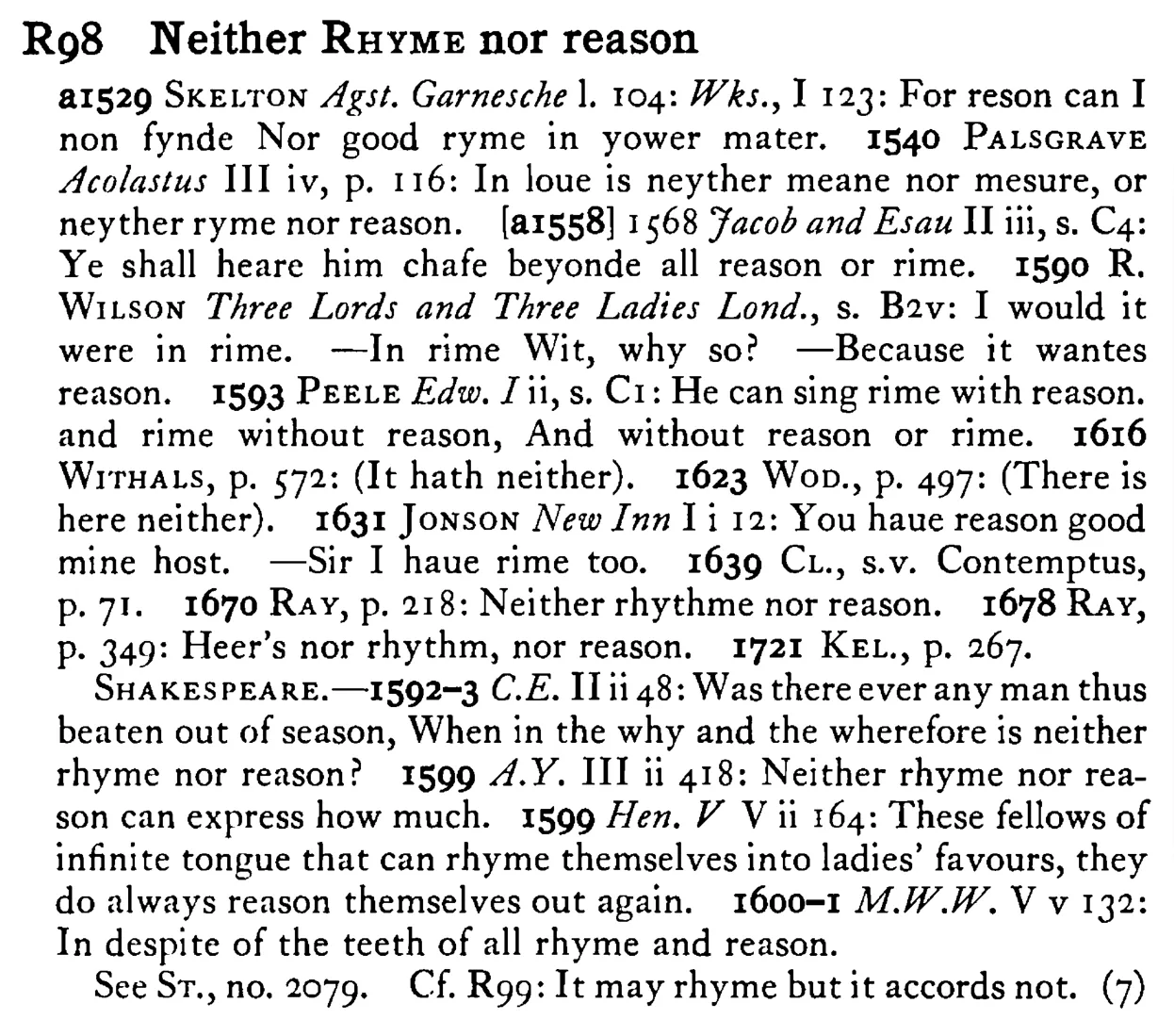 Neither RHYME nor reason - a scanned entry from Tilley's 1950 Dictionary of Proverbs.