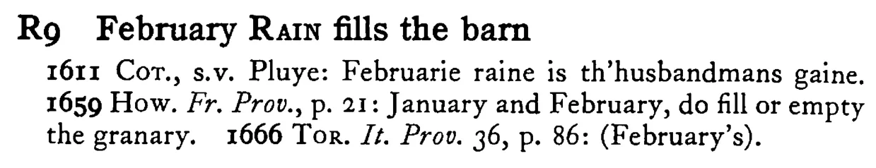 February RAIN fills the barn - a scanned entry from Tilley's 1950 Dictionary of Proverbs.