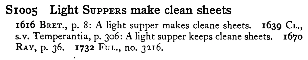 Light SUPPERS make clean sheets - a scanned entry from Tilley's 1950 Dictionary of Proverbs.
