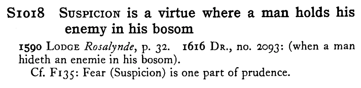 SUSPICION is a virtue where a man holds his enemy in his bosom - a scanned entry from Tilley's 1950 Dictionary of Proverbs.