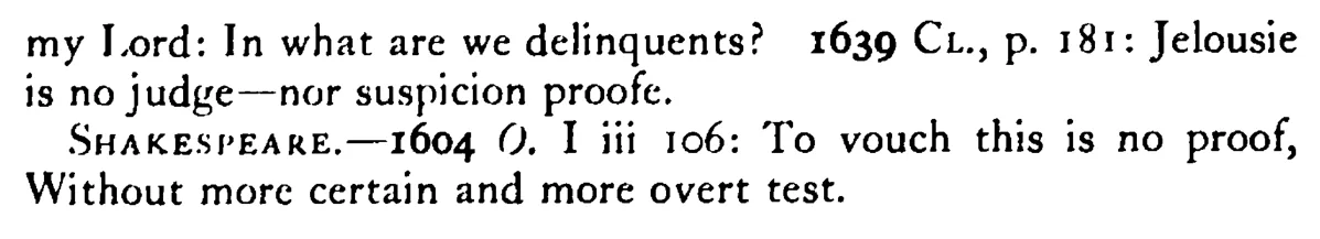 SUSPICION (Accusation) is no proof - a scanned entry from Tilley's 1950 Dictionary of Proverbs. (continuation)