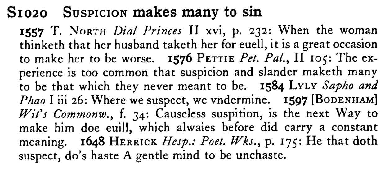 SUSPICION makes many to sin - a scanned entry from Tilley's 1950 Dictionary of Proverbs.