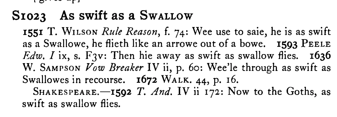 As swift as a SWALLOW - a scanned entry from Tilley's 1950 Dictionary of Proverbs.