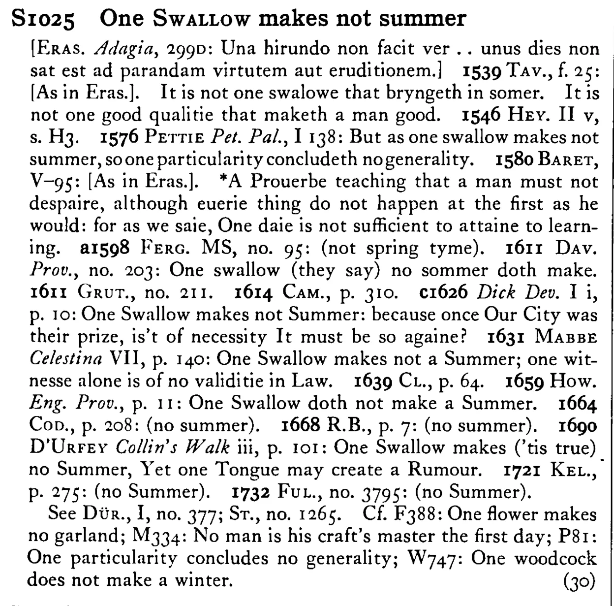 One SWALLOW makes not summer - a scanned entry from Tilley's 1950 Dictionary of Proverbs.