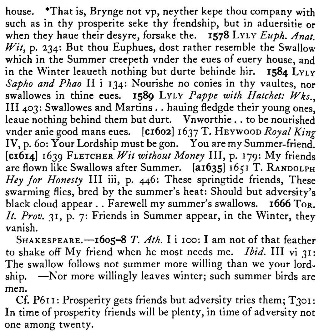 SWALLOWS, like false friends, fly away upon the approach of winter - a scanned entry from Tilley's 1950 Dictionary of Proverbs. (continuation)