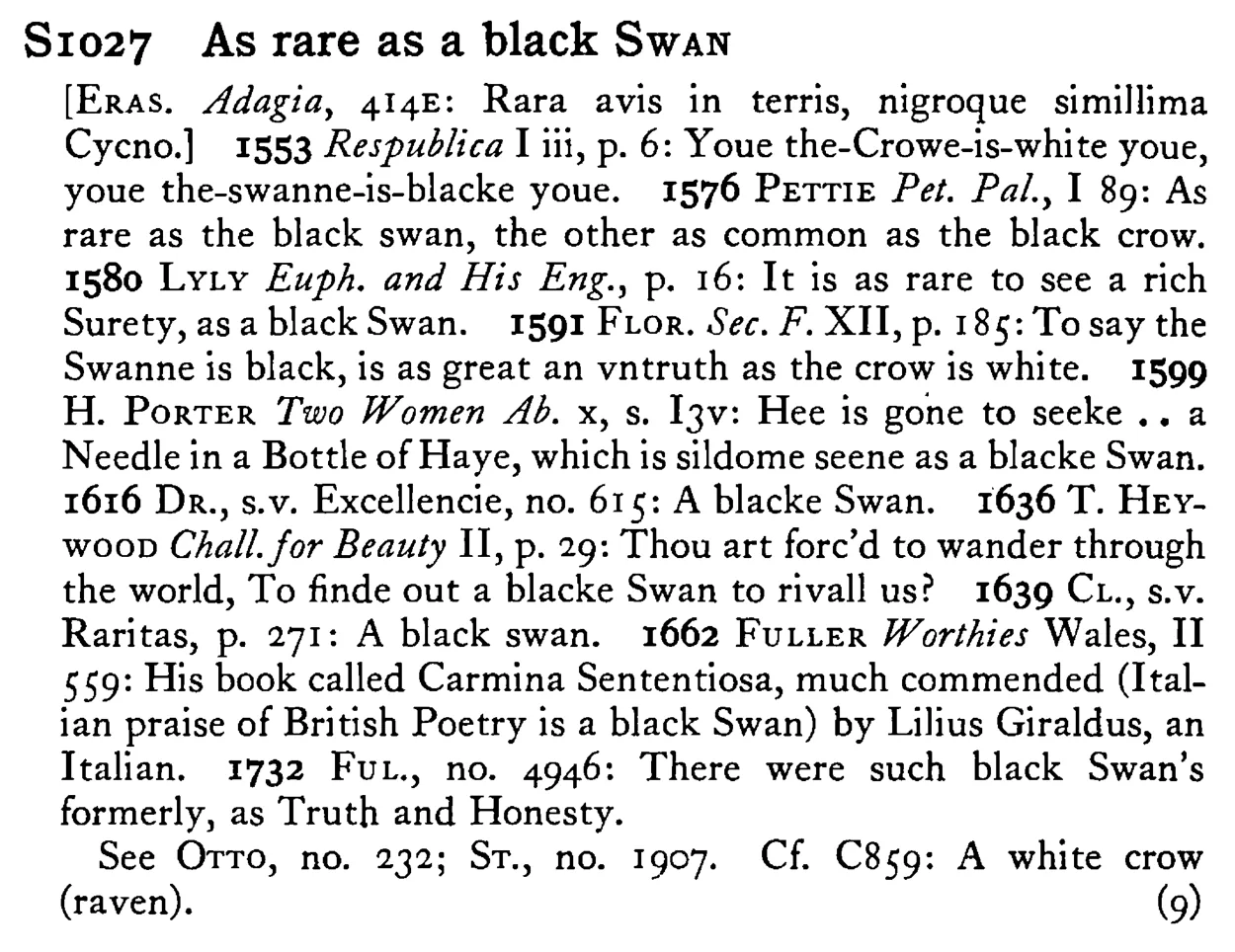 As rare as a black SWAN - a scanned entry from Tilley's 1950 Dictionary of Proverbs.