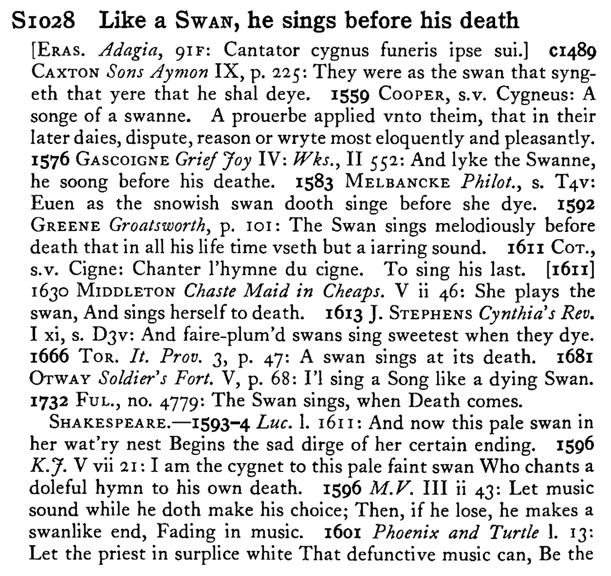 Like a SWAN, he sings before his death - a scanned entry from Tilley's 1950 Dictionary of Proverbs.