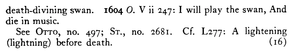 Like a SWAN, he sings before his death - a scanned entry from Tilley's 1950 Dictionary of Proverbs. (continuation)