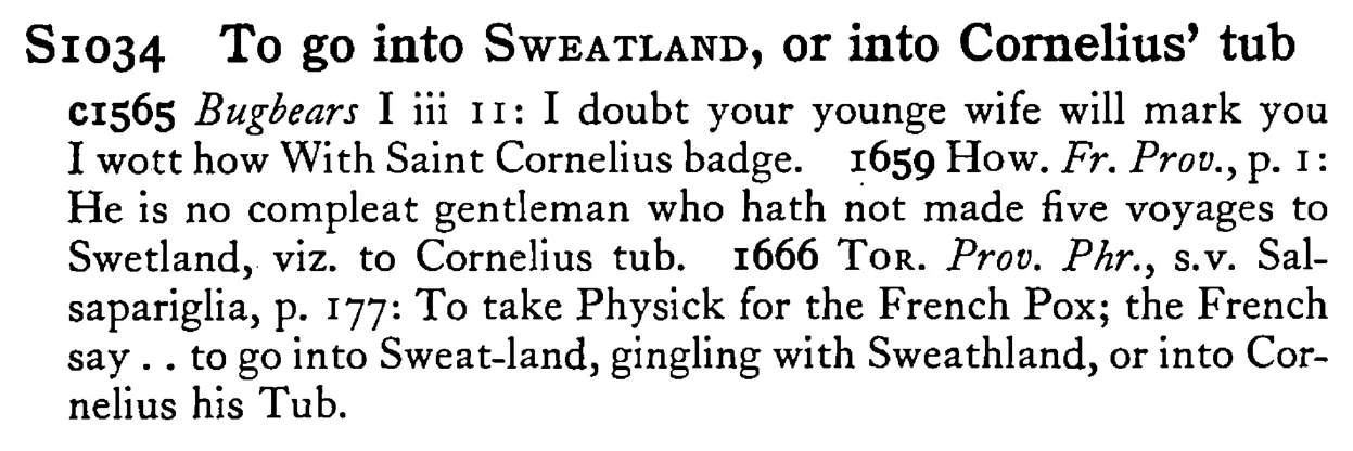 To go into SWEATLAND, or into Cornelius' tub - a scanned entry from Tilley's 1950 Dictionary of Proverbs.