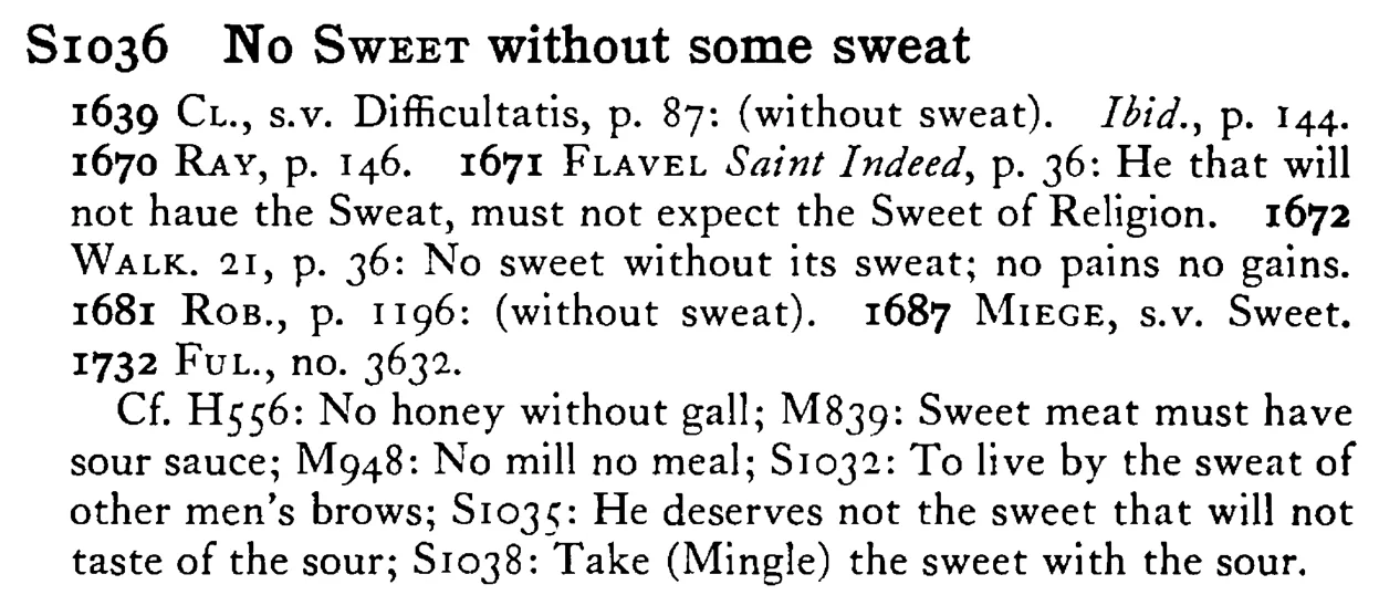 No SWEET without some sweat - a scanned entry from Tilley's 1950 Dictionary of Proverbs.