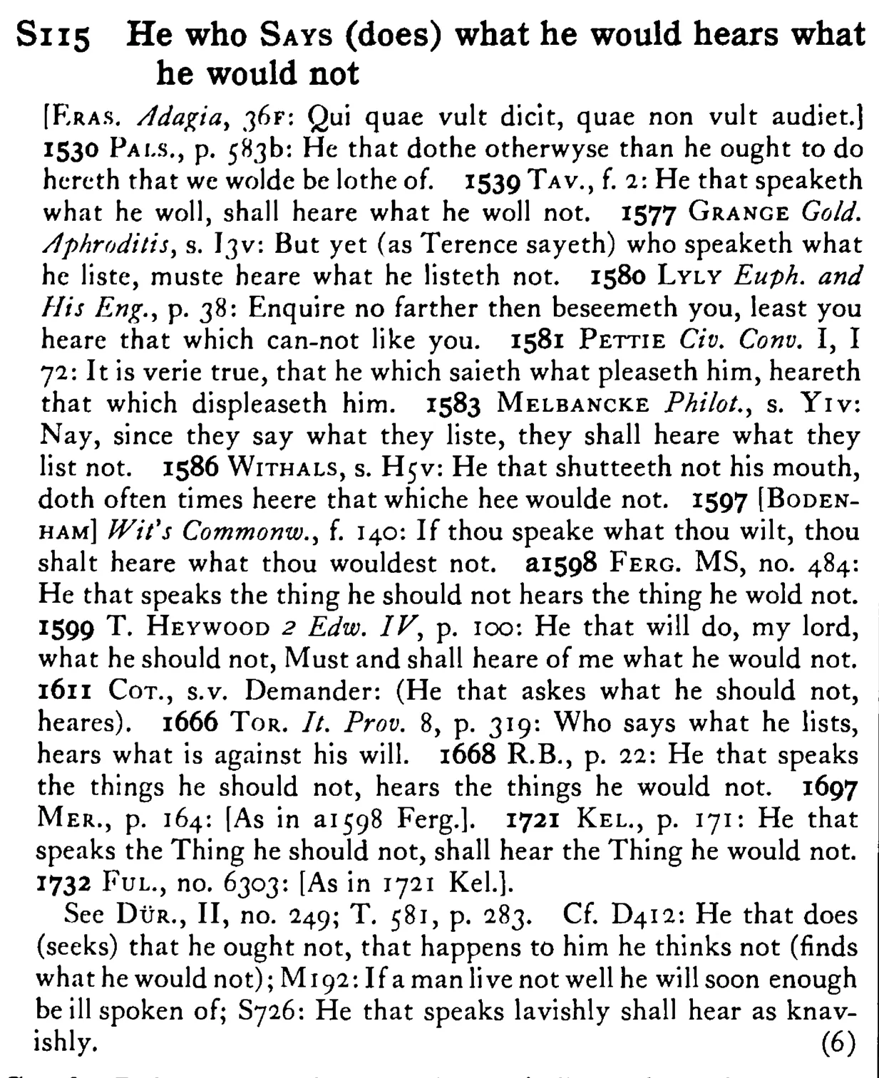 He who SAYS (does) what he would he would not - a scanned entry from Tilley's 1950 Dictionary of Proverbs.