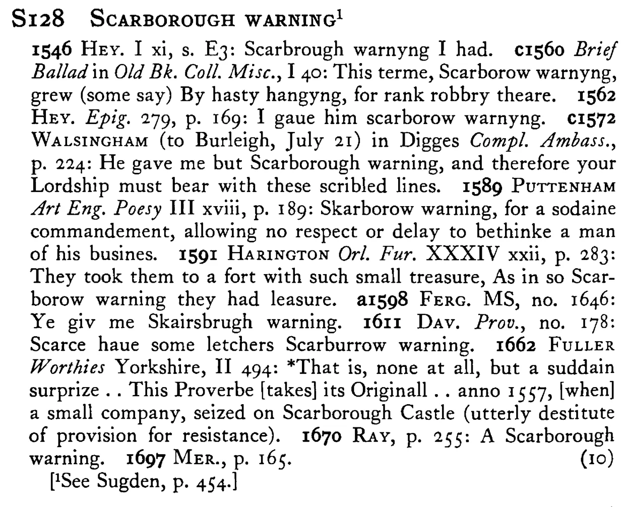 SCARBOROUGH WARNING¹ - a scanned entry from Tilley's 1950 Dictionary of Proverbs.