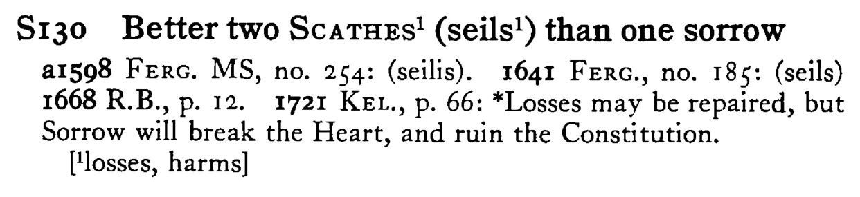 Better two SCATHES¹ (seils¹) than one sorrow - a scanned entry from Tilley's 1950 Dictionary of Proverbs.