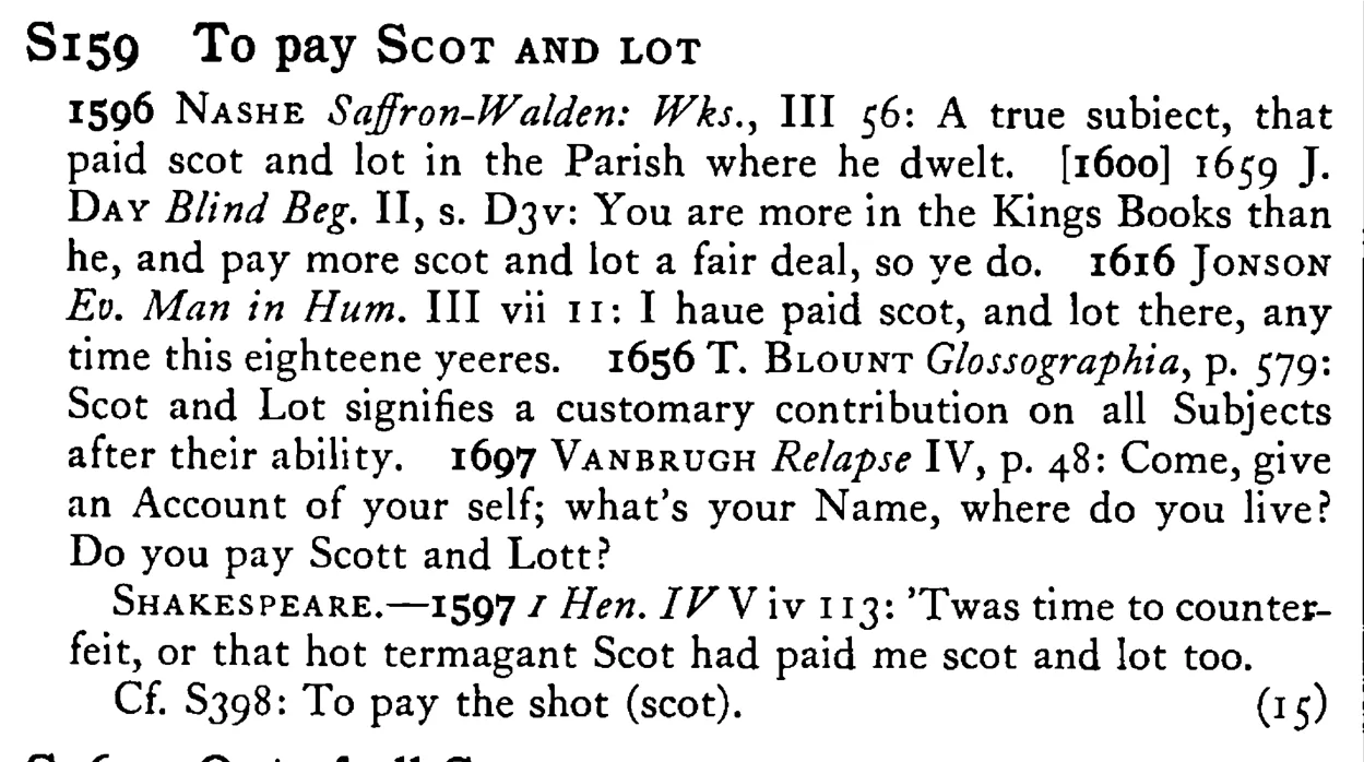 To pay SCOT AND LOT - a scanned entry from Tilley's 1950 Dictionary of Proverbs.