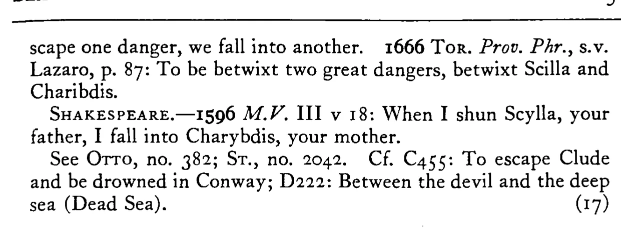 Between SCYLLA and Charybdis - a scanned entry from Tilley's 1950 Dictionary of Proverbs. (continuation)