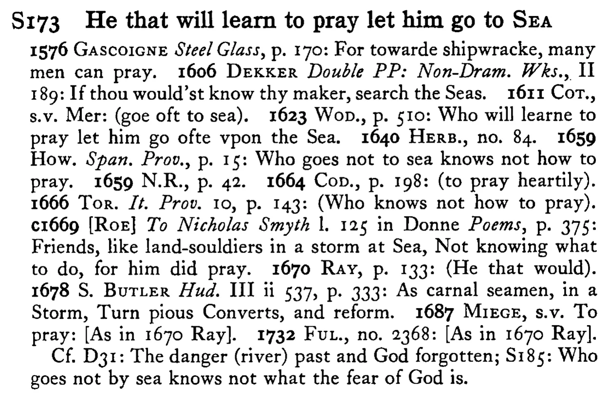 He that will learn to pray let him go to SEA - a scanned entry from Tilley's 1950 Dictionary of Proverbs.