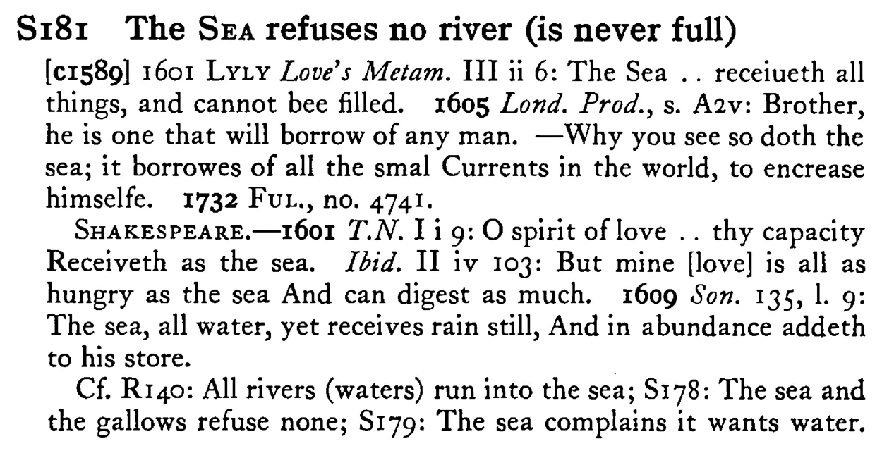 The SEA refuses no river (is never full) - a scanned entry from Tilley's 1950 Dictionary of Proverbs.