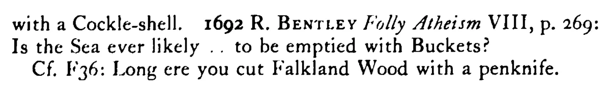 To laue (empty) the SEA with a nutshell (cockle-shell, spoon) - a scanned entry from Tilley's 1950 Dictionary of Proverbs. (continuation)