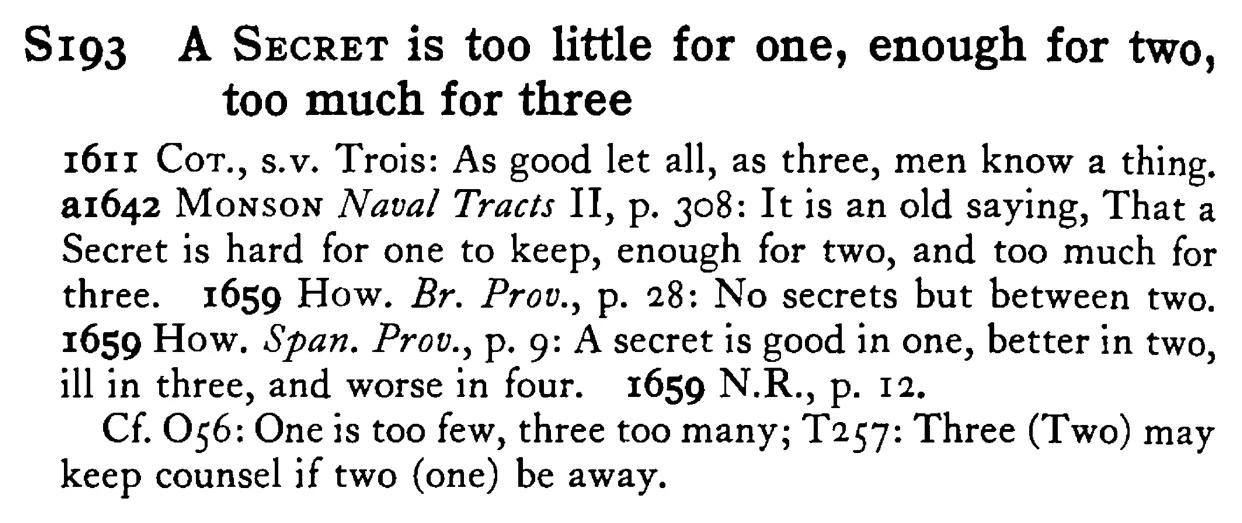 A SECRET is too little for one, enough for two, too much for three - a scanned entry from Tilley's 1950 Dictionary of Proverbs.