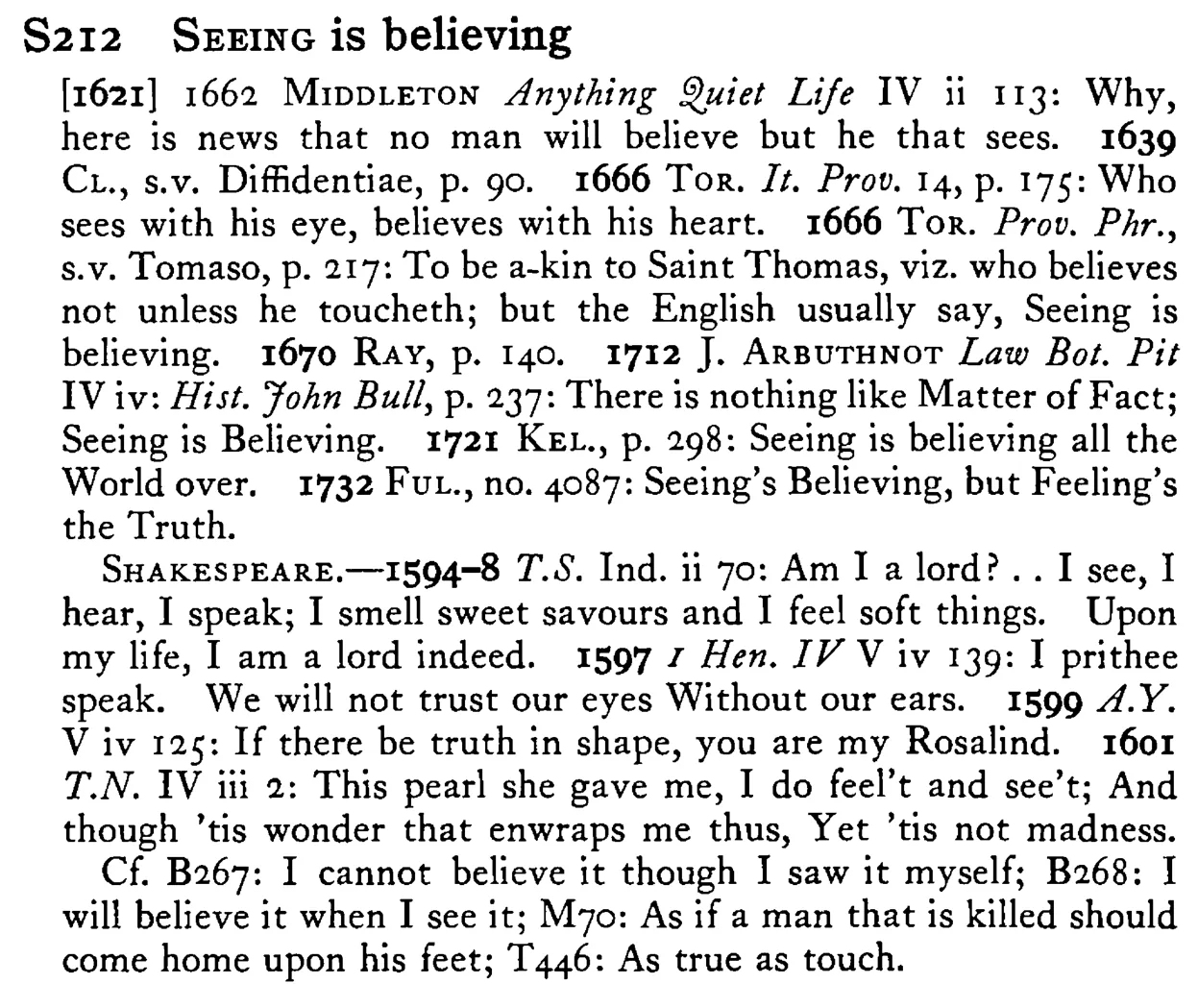 SEEING is believing - a scanned entry from Tilley's 1950 Dictionary of Proverbs.