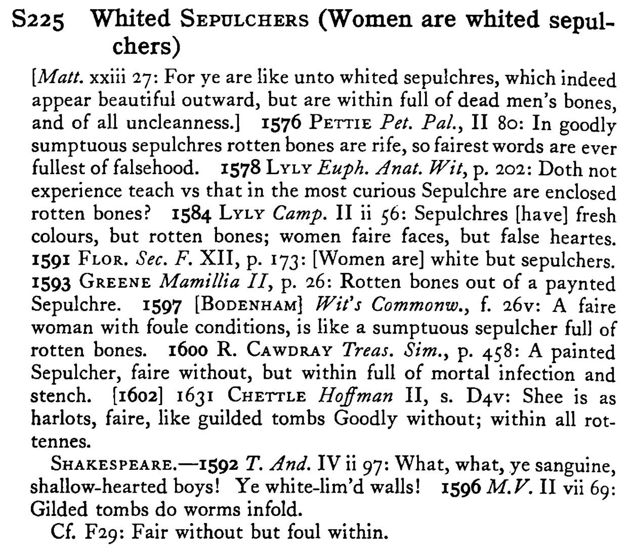Whited SEPULCHERS (Women are whited sepulchers) - a scanned entry from Tilley's 1950 Dictionary of Proverbs.