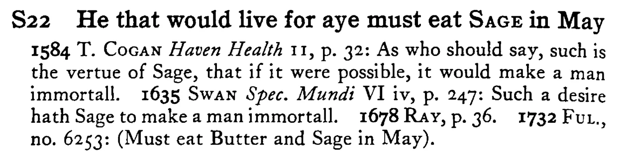 He that would live for aye must eat SAGE in May - a scanned entry from Tilley's 1950 Dictionary of Proverbs.