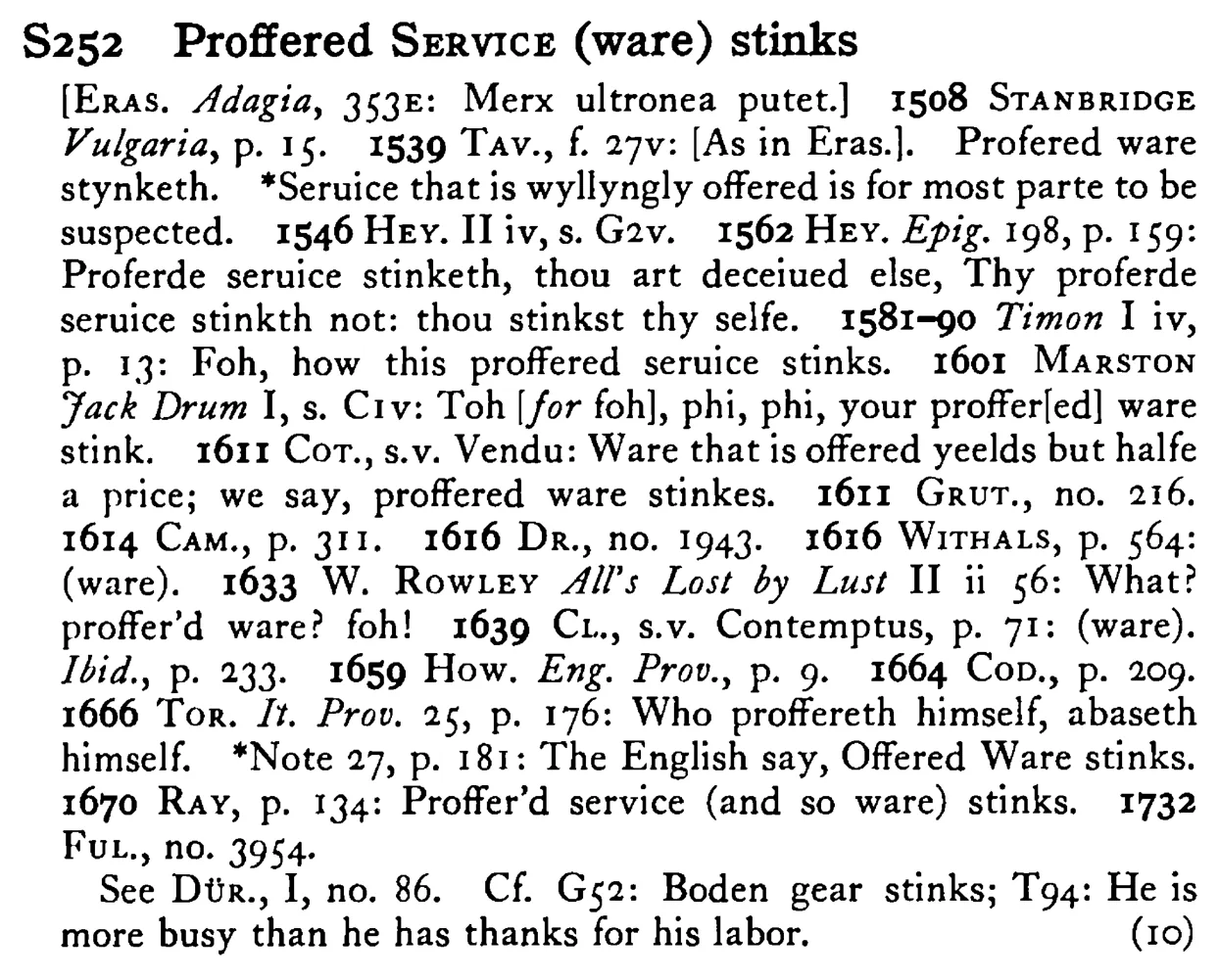Proffered SERVICE (ware) stinks - a scanned entry from Tilley's 1950 Dictionary of Proverbs.
