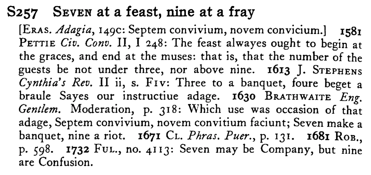 SEVEN at a feast, nine at a fray - a scanned entry from Tilley's 1950 Dictionary of Proverbs.