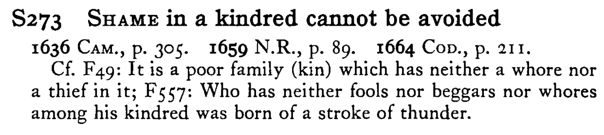 SHAME in a kindred cannot be avoided - a scanned entry from Tilley's 1950 Dictionary of Proverbs.