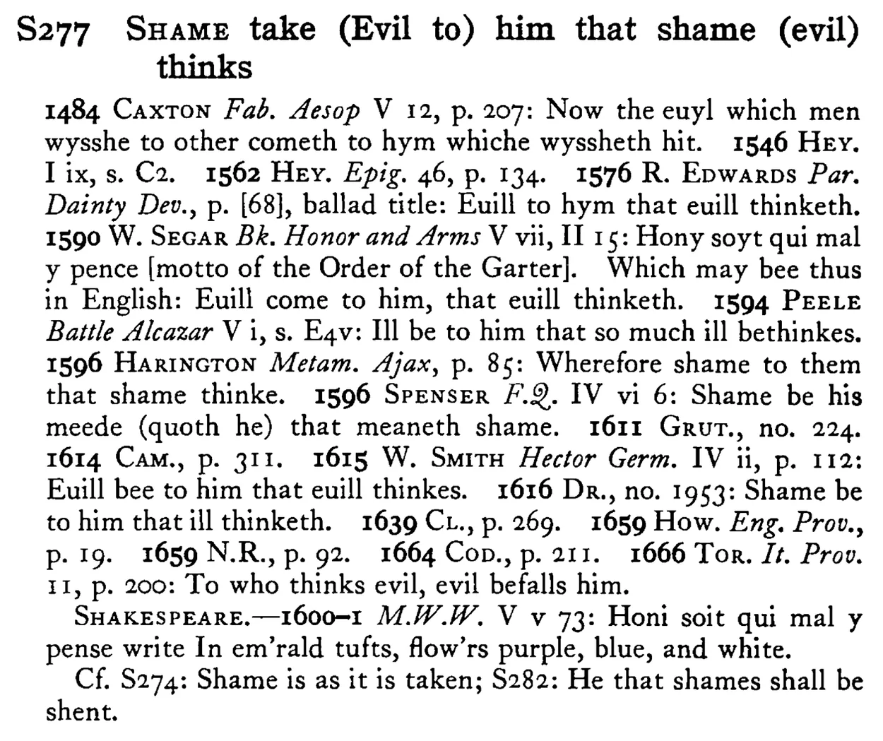 SHAME take (Evil to) him that shame (evil) thinks - a scanned entry from Tilley's 1950 Dictionary of Proverbs.