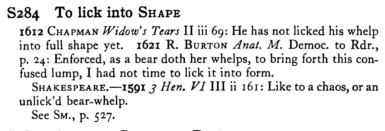 To lick into SHAPE - a scanned entry from Tilley's 1950 Dictionary of Proverbs.