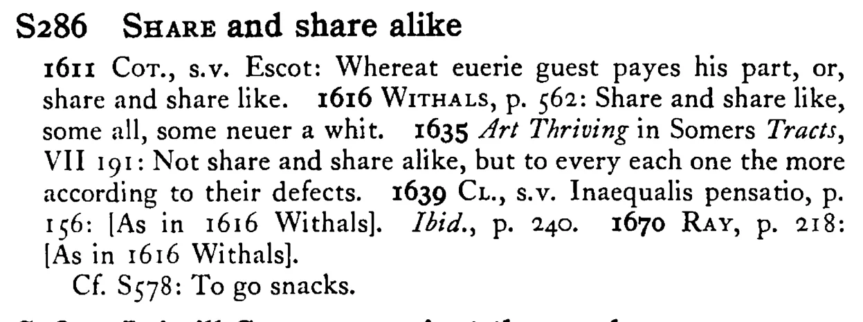 SHARE and share alike - a scanned entry from Tilley's 1950 Dictionary of Proverbs.