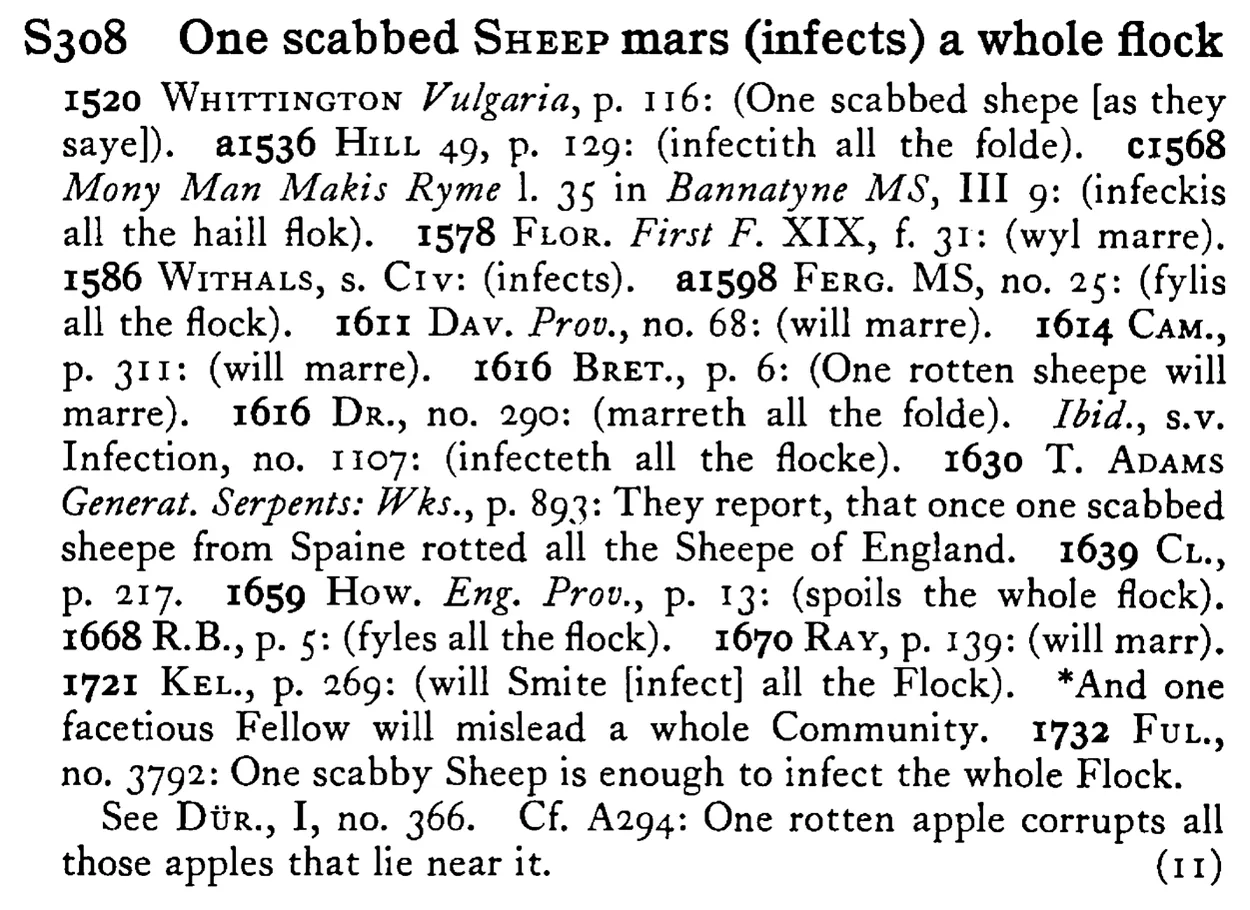 One scabbed SHEEP mars (infects) a whole flock - a scanned entry from Tilley's 1950 Dictionary of Proverbs.
