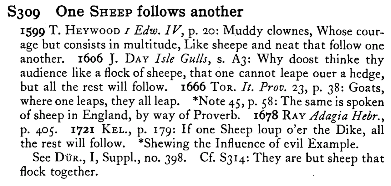 One SHEEP follows another - a scanned entry from Tilley's 1950 Dictionary of Proverbs.