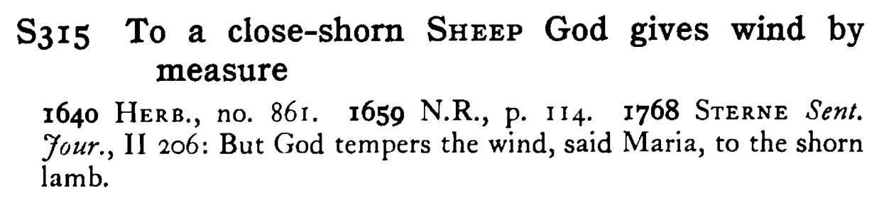 To a close-shorn SHEEP God gives wind by measure - a scanned entry from Tilley's 1950 Dictionary of Proverbs.