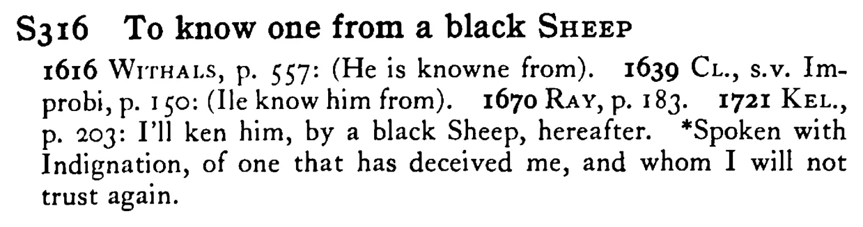 To know one from a black SHEEP - a scanned entry from Tilley's 1950 Dictionary of Proverbs.