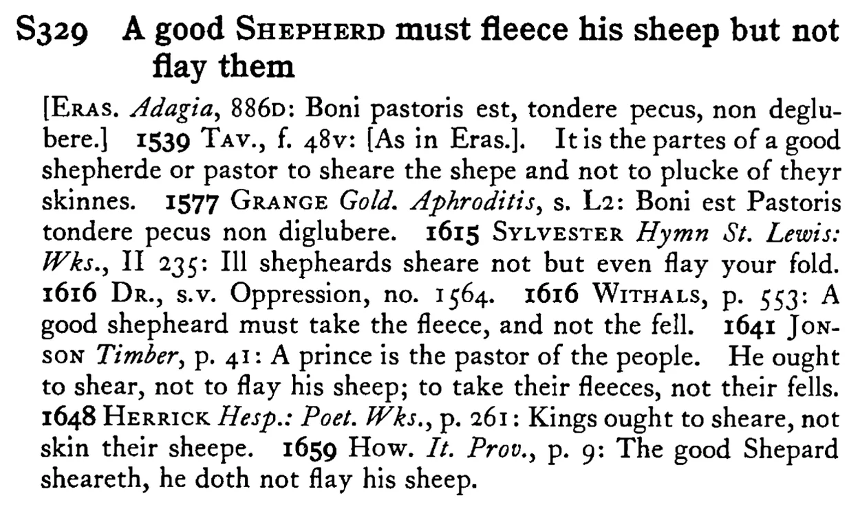 A good SHEPHERD must fleece his sheep but not flay them - a scanned entry from Tilley's 1950 Dictionary of Proverbs.