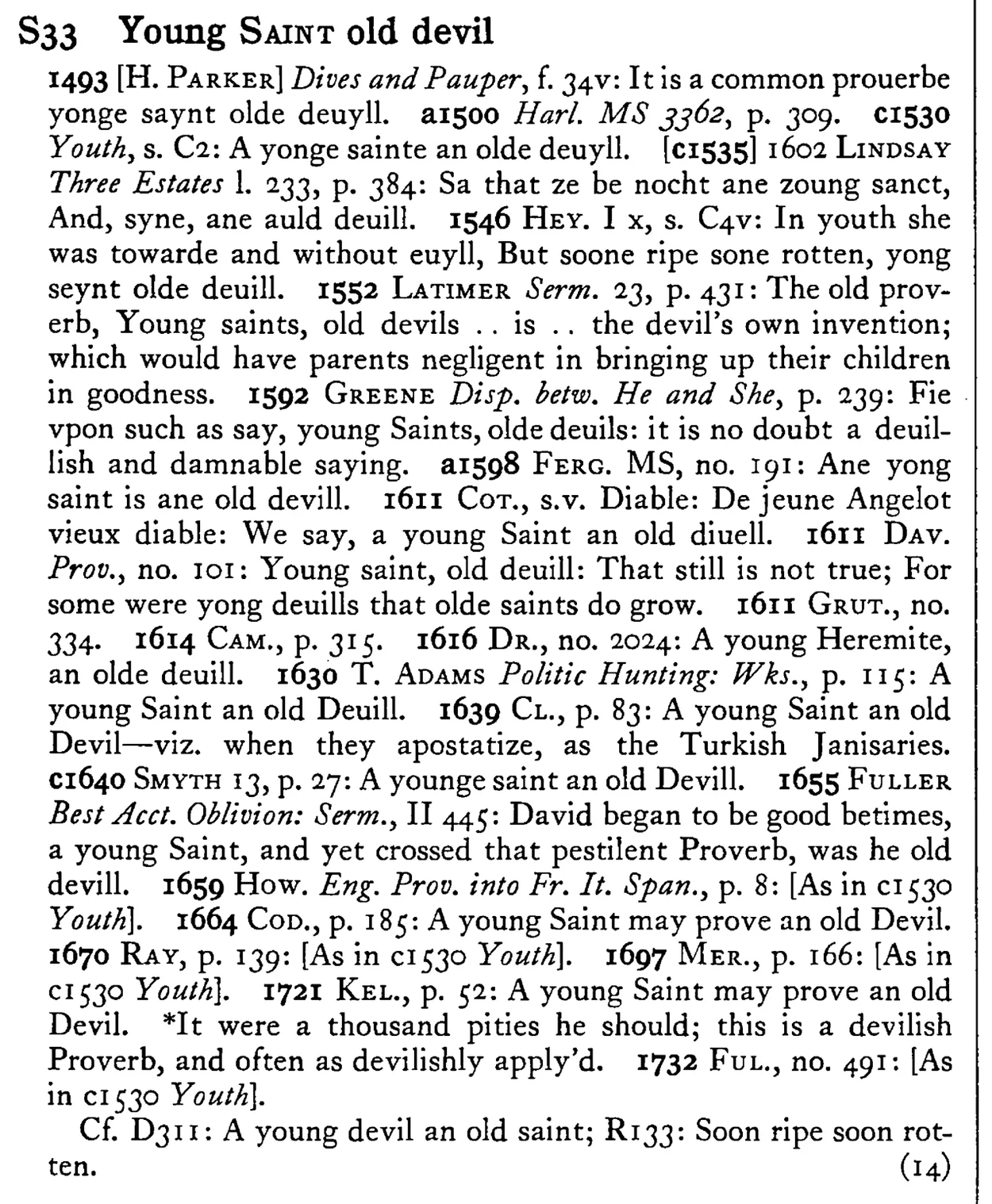 Young SAINT old devil - a scanned entry from Tilley's 1950 Dictionary of Proverbs.