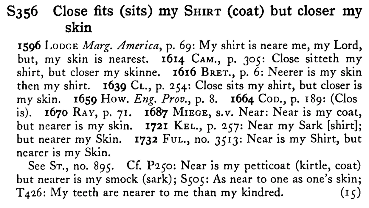 Close fits (sits) my SHIRT (coat) but closer my skin - a scanned entry from Tilley's 1950 Dictionary of Proverbs.