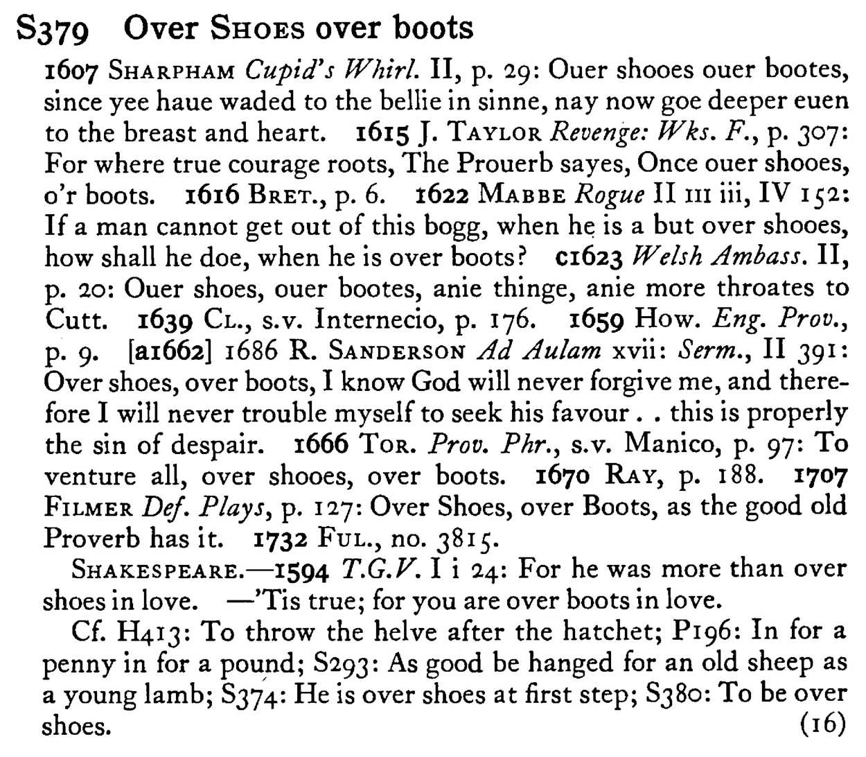 Over SHOES over boots - a scanned entry from Tilley's 1950 Dictionary of Proverbs.