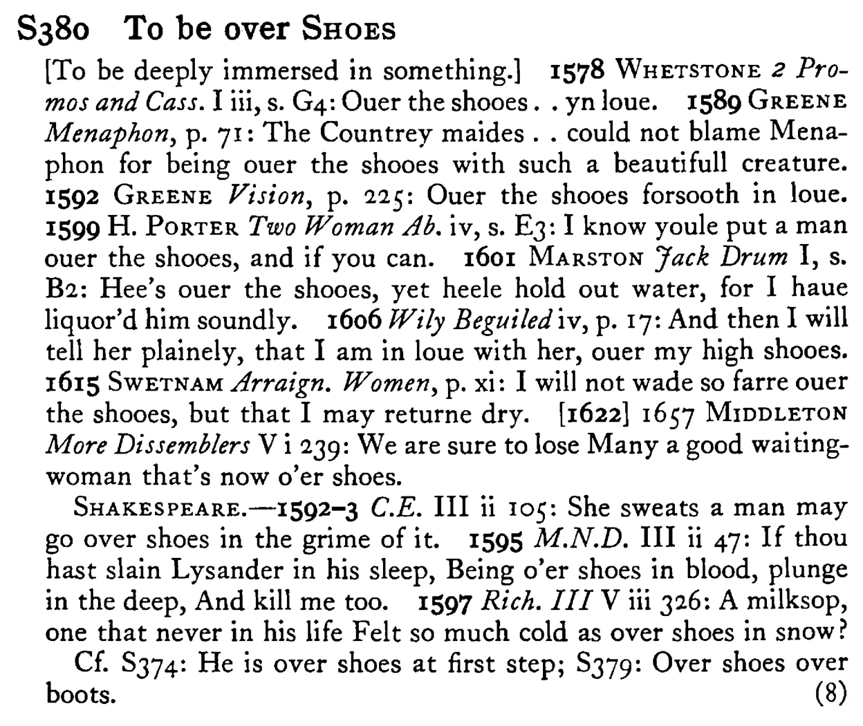 To be over SHOES - a scanned entry from Tilley's 1950 Dictionary of Proverbs.