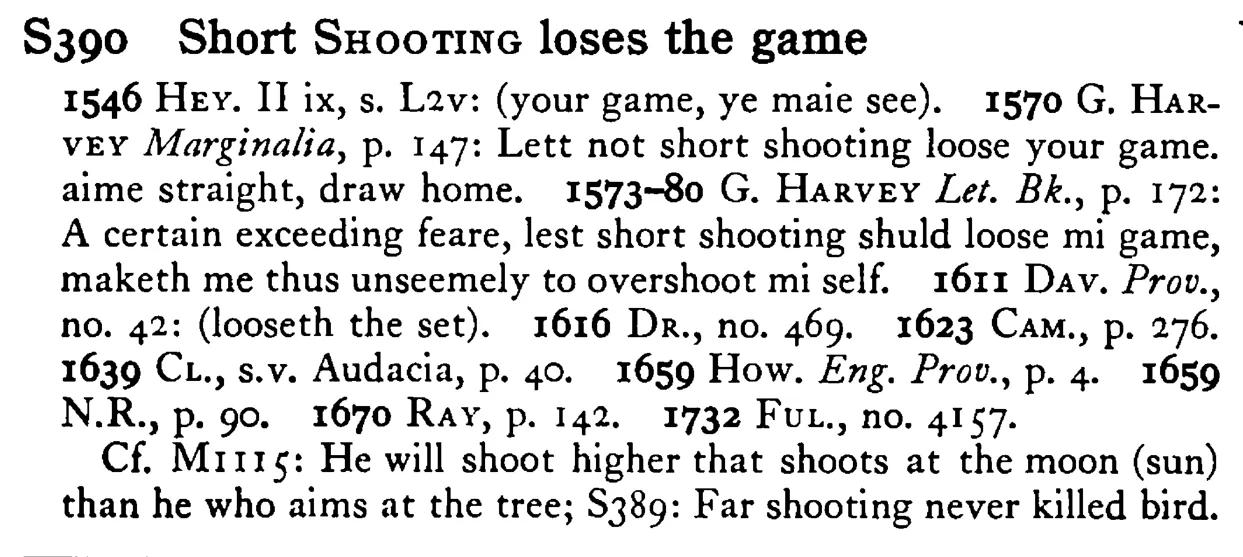 Short SHOOTING loses the game - a scanned entry from Tilley's 1950 Dictionary of Proverbs.