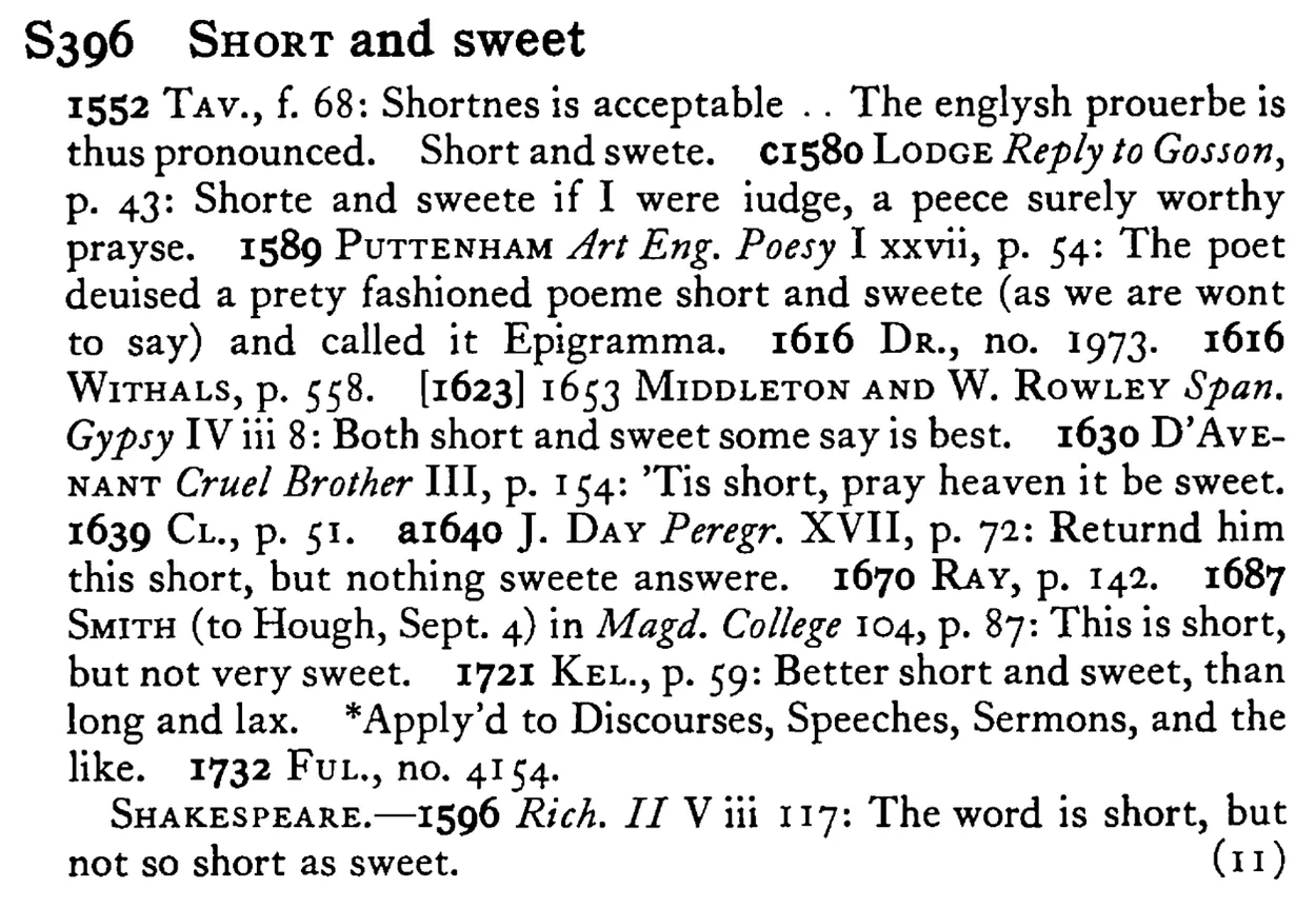 SHORT and sweet - a scanned entry from Tilley's 1950 Dictionary of Proverbs.