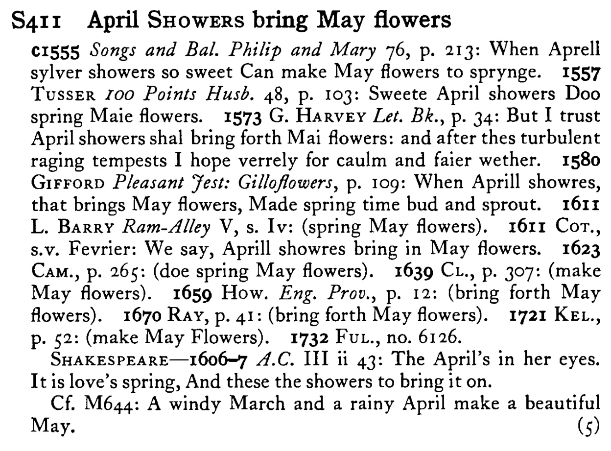 April SHOWERS bring May flowers - a scanned entry from Tilley's 1950 Dictionary of Proverbs.
