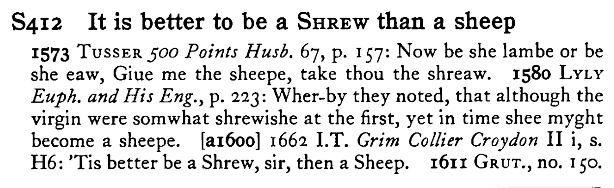 It is better to be a SHREW than a sheep - a scanned entry from Tilley's 1950 Dictionary of Proverbs.