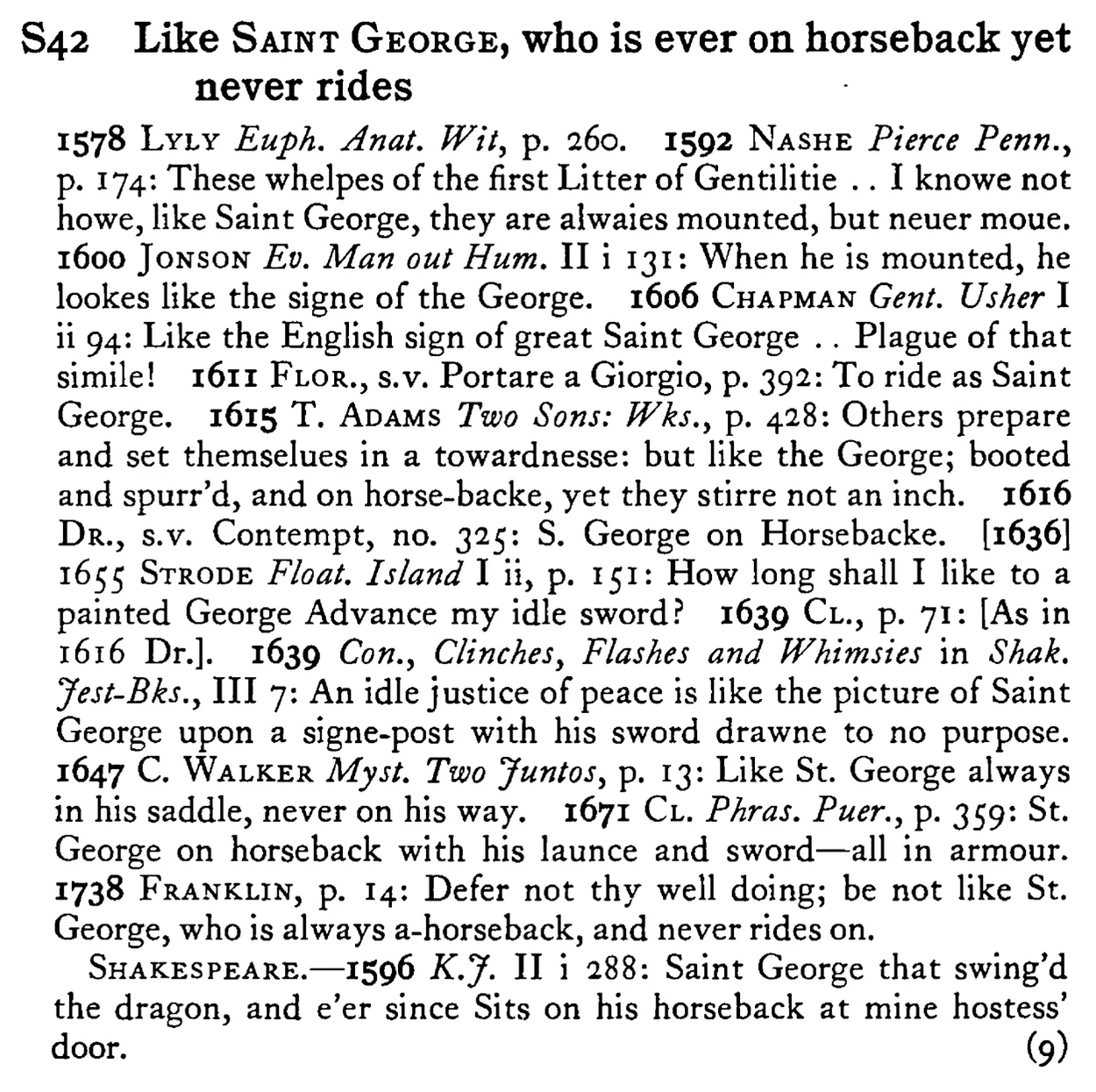Like SAINT GEORGE, who is ever on horseback yet never rides - a scanned entry from Tilley's 1950 Dictionary of Proverbs.