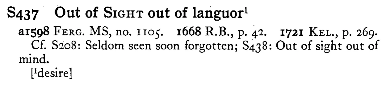 Out of SIGHT out of languor¹ - a scanned entry from Tilley's 1950 Dictionary of Proverbs.