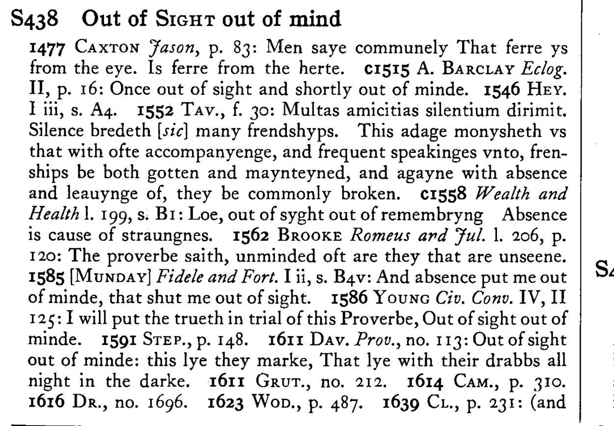 Out of SIGHT out of mind - a scanned entry from Tilley's 1950 Dictionary of Proverbs.