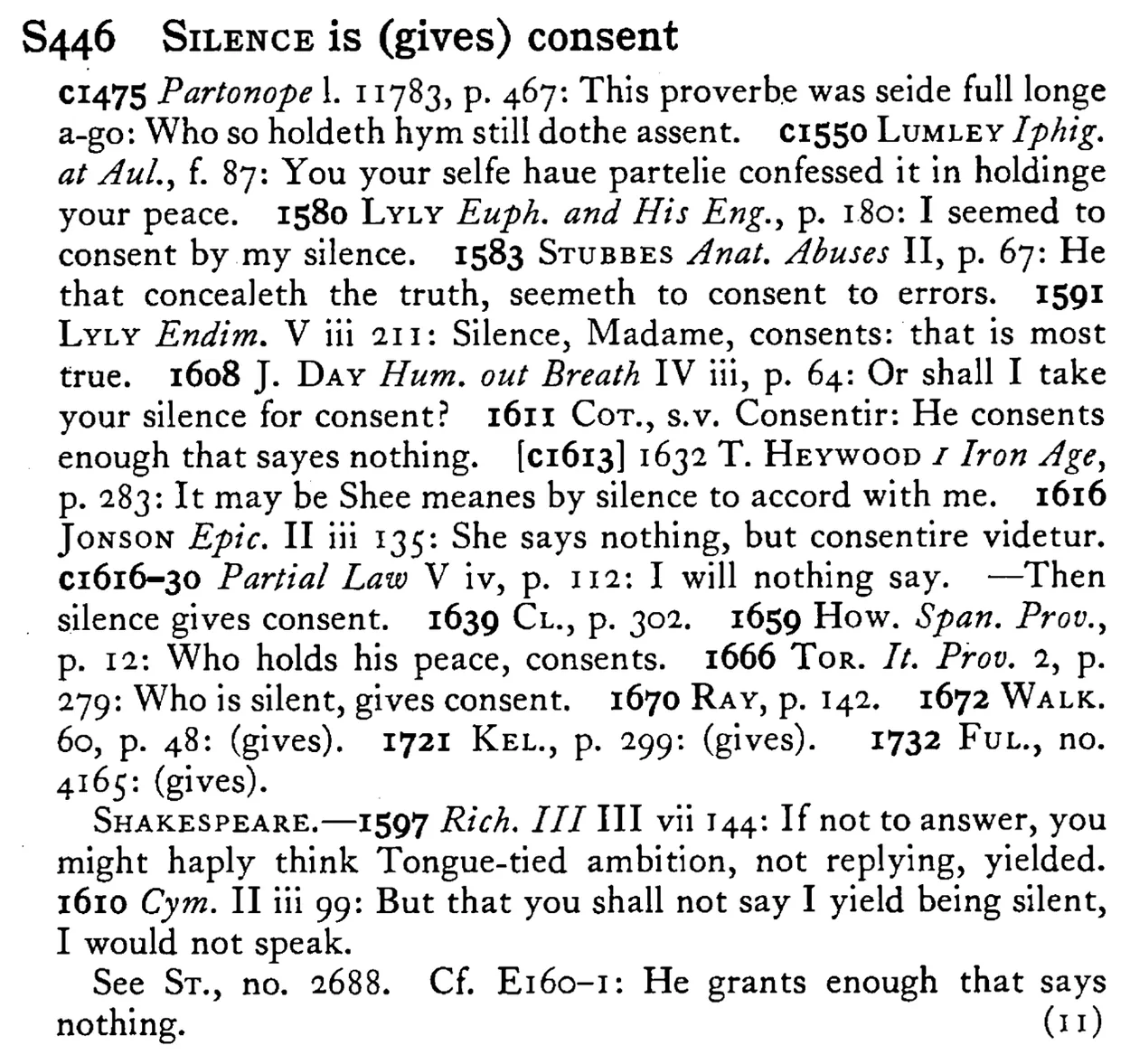 SILENCE is (gives) consent - a scanned entry from Tilley's 1950 Dictionary of Proverbs.